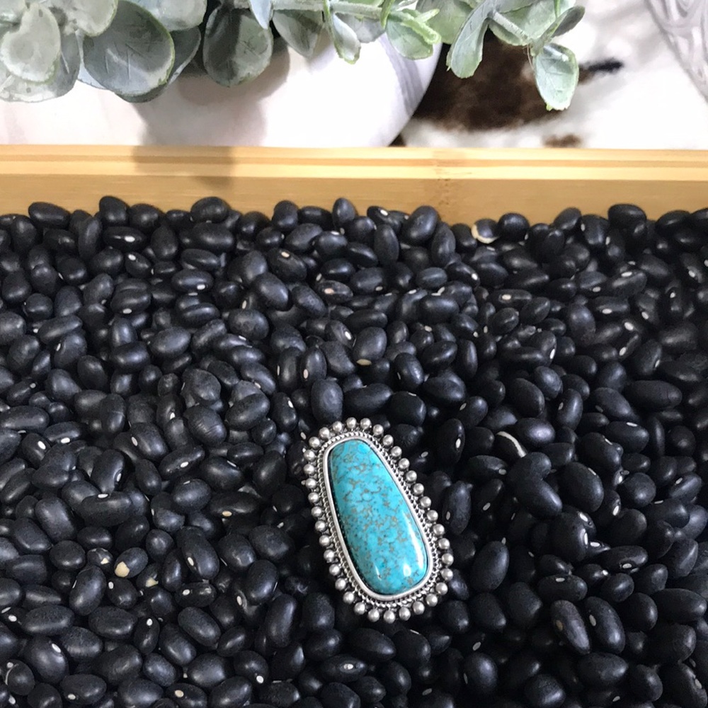 Natural turquoise 1.5 inch long double band Antique silver plated ring